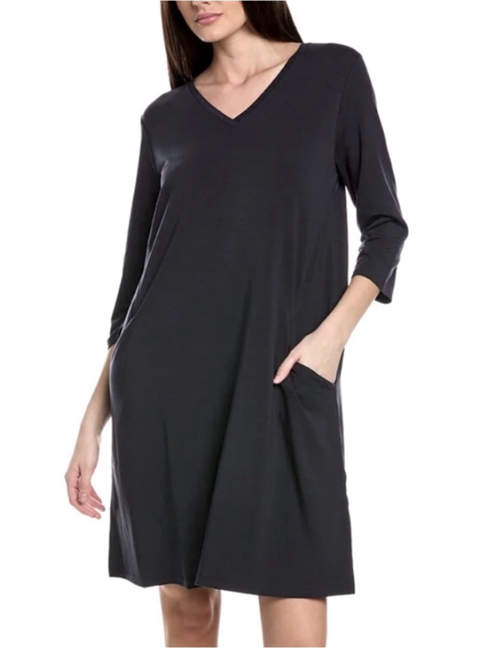 Eileen Fisher Tencel Jersey Black V‑Neck Pocket Mini Dress Large L